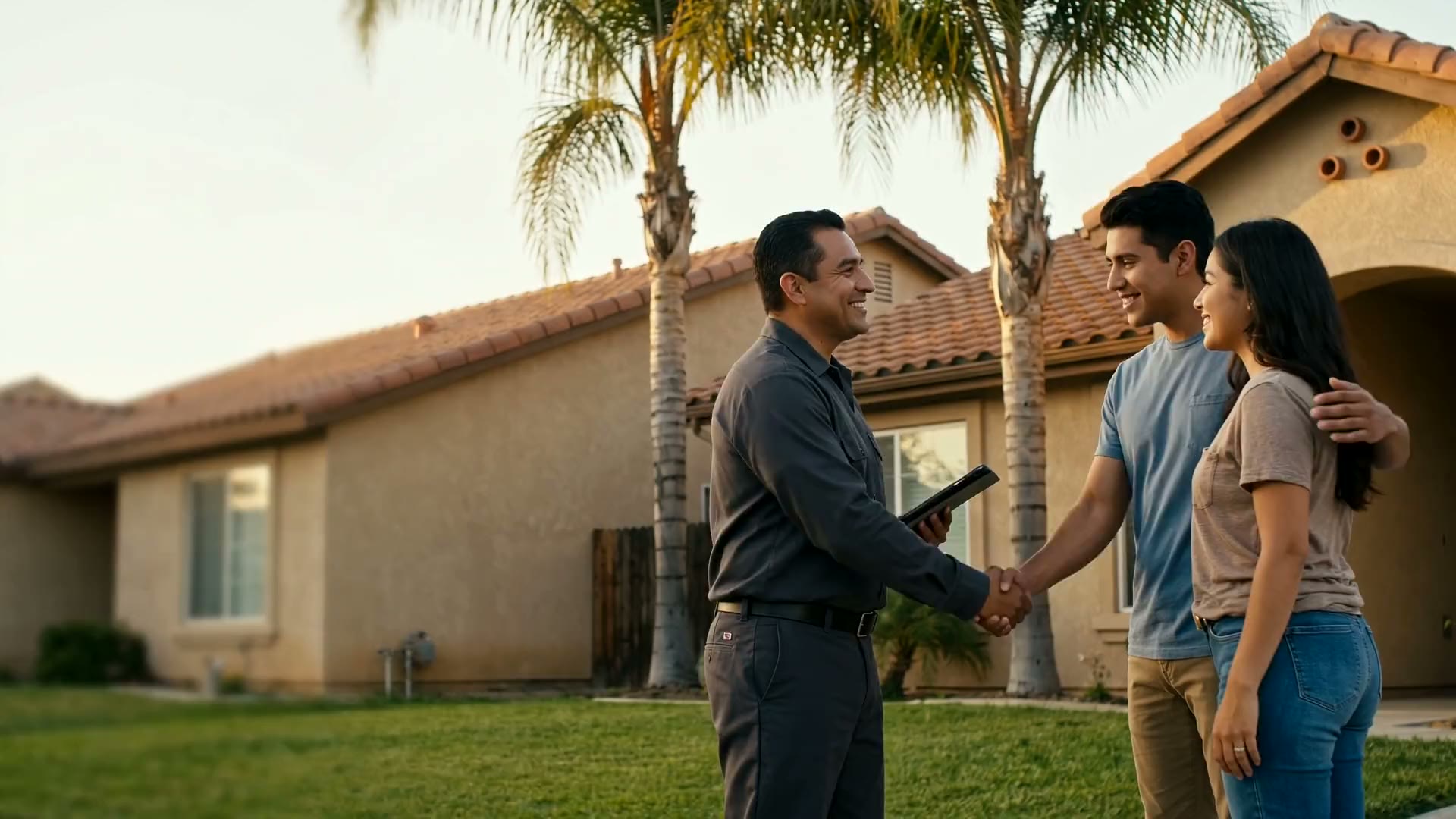 A technician shaking hands with a homeowner in front of a house