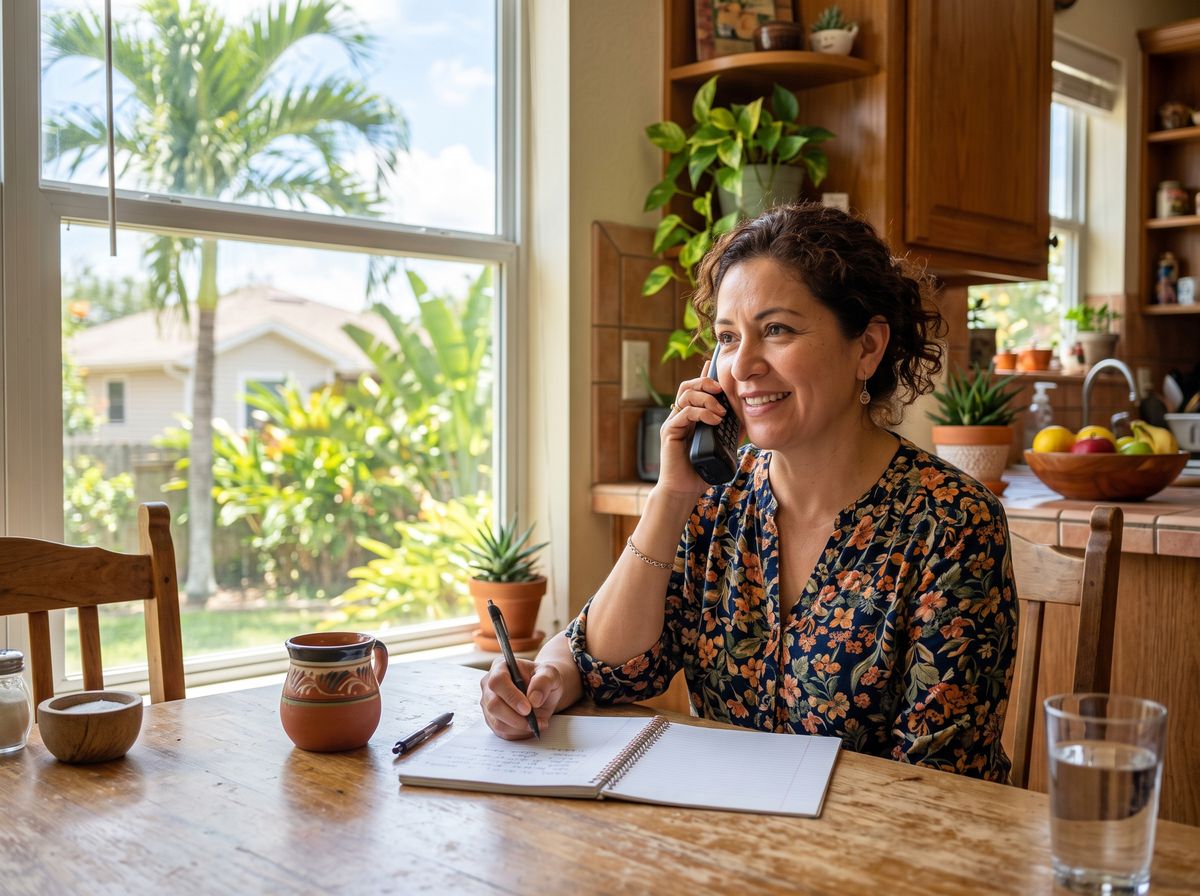 A woman at a kitchen table talking on the phone with a notepad in front of her