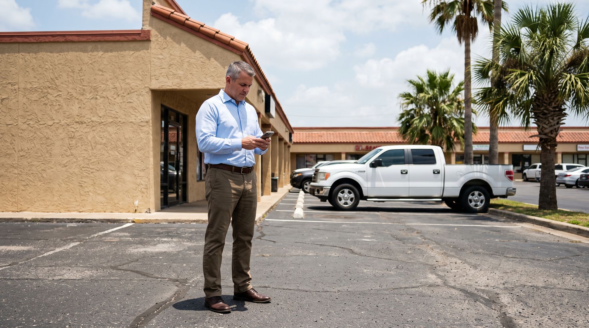 A business owner checking his phone in front of a strip of shops