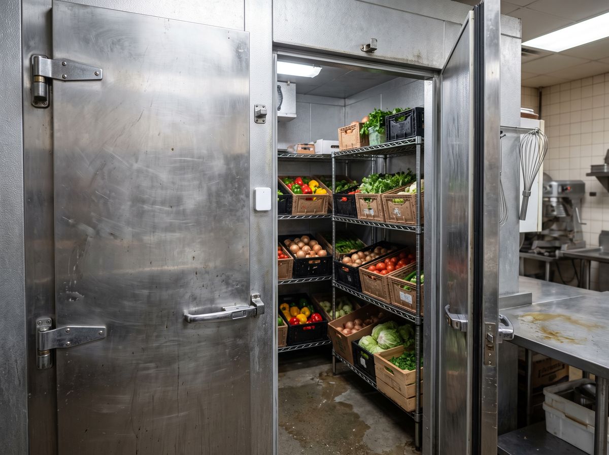 The stainless steel door of a restaurant walk-in cooler with a small wireless temperature sensor mounted inside