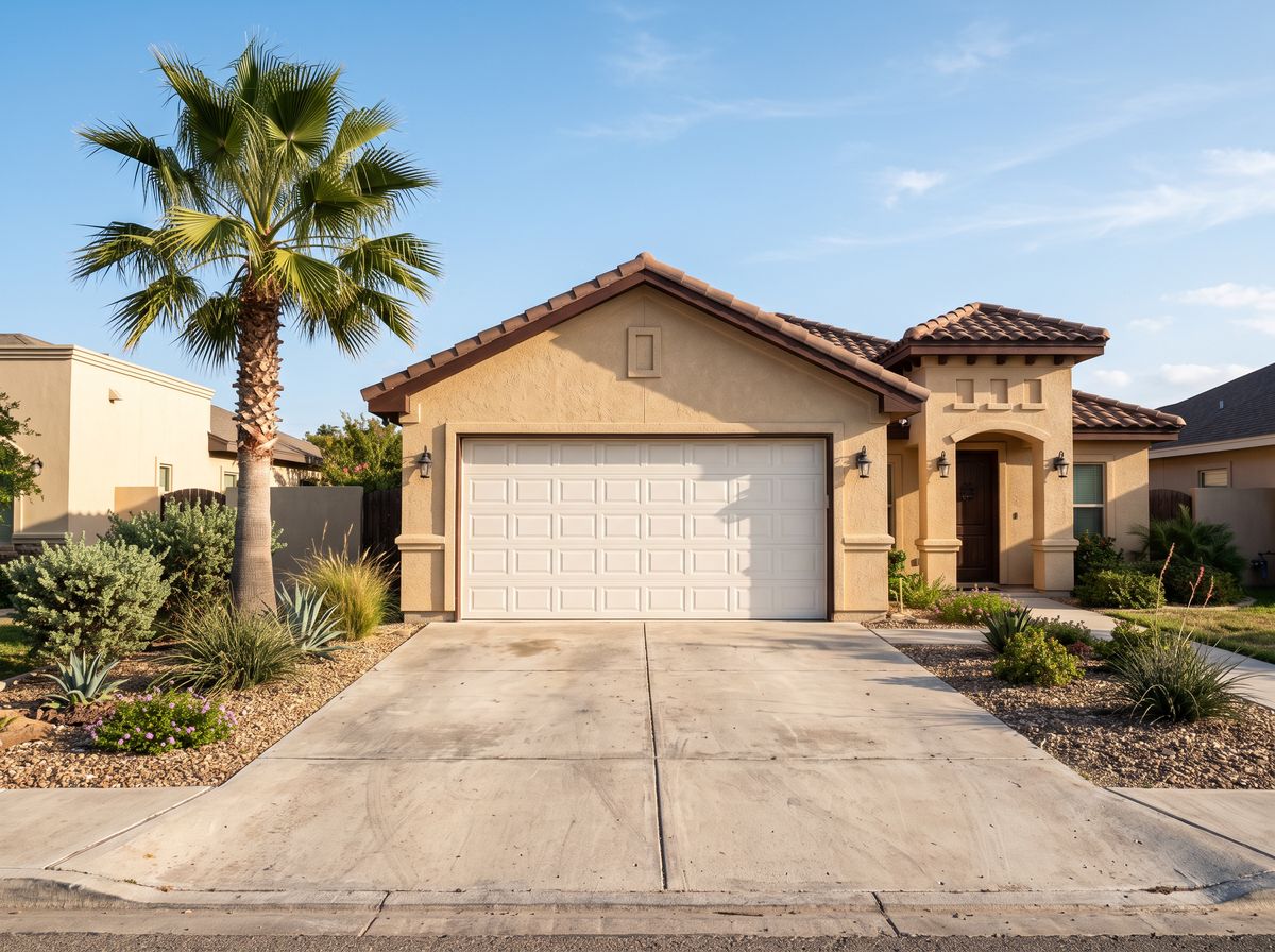 A closed garage door on a stucco house in the Rio Grande Valley in the afternoon