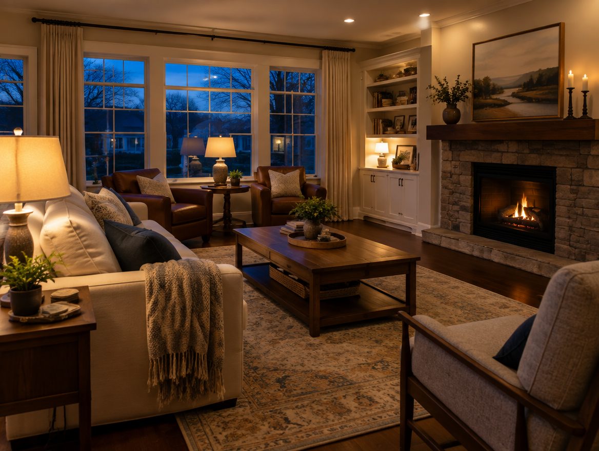 A living room in the evening with the lamps on