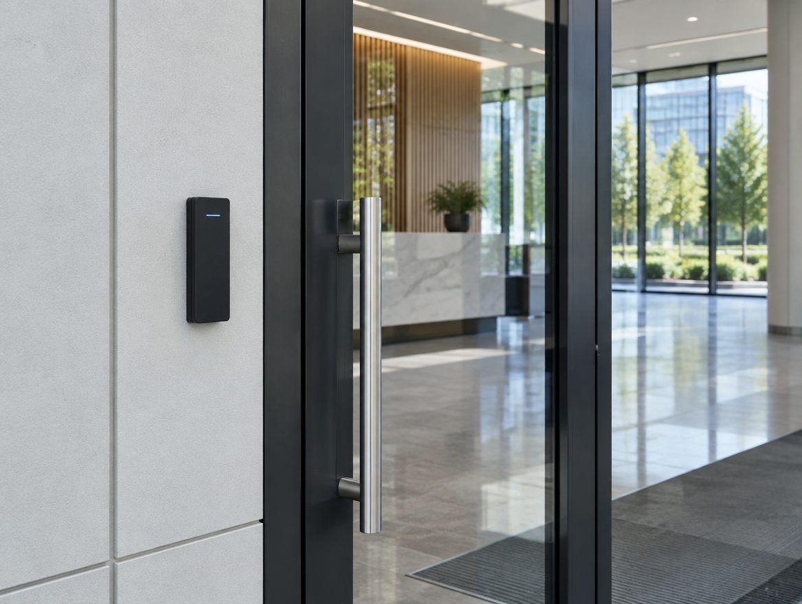 A card reader beside the glass door of an office