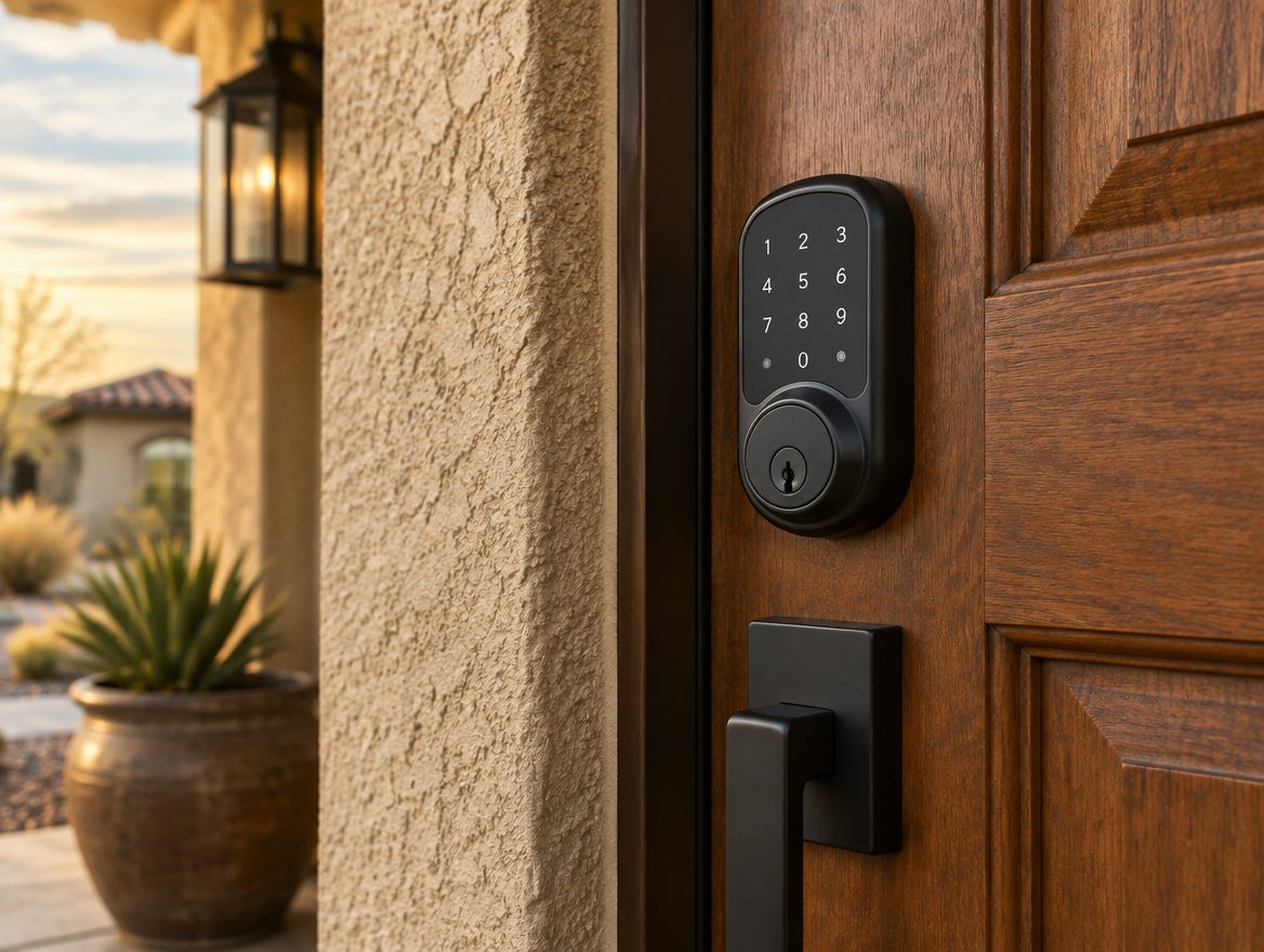 A keypad smart lock on a wooden front door